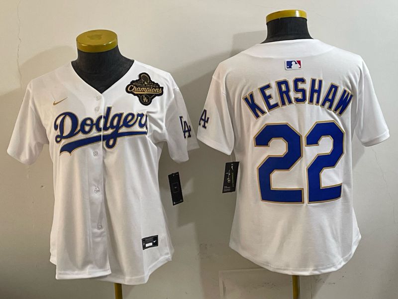 Women 2026 Los Angeles Dodgers #22 Kershaw White Gold Game Nike MLB Jersey style 07